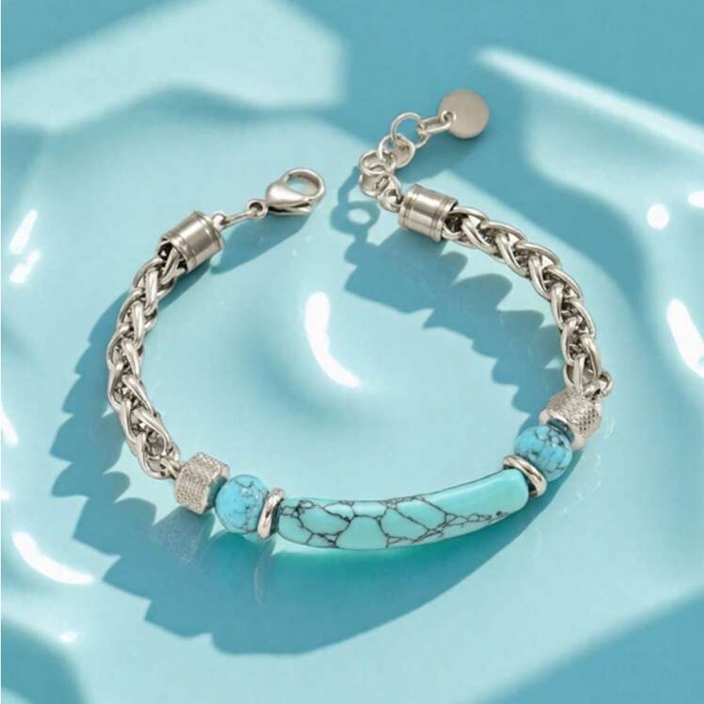 Natural Turquoise Stone and Stainless Steel Chain Bracelet